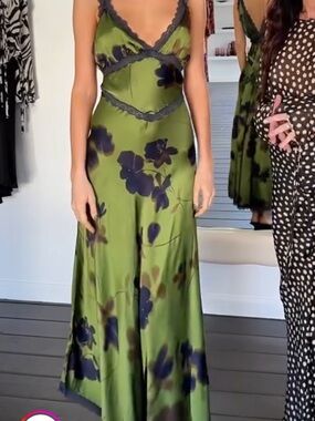 Green Floral Slip Dress with Lace Trim by RESA